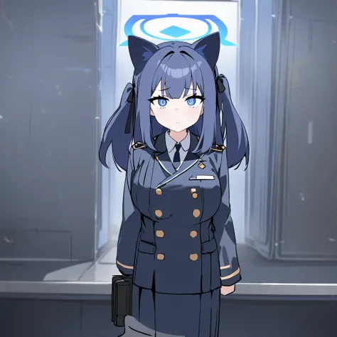  Case Study ( blue archive), 1 girl in uniform,Alone,halo,cat ears,Big Breasts,looking at viewer,Nearby, blue double sided hair ribbon with sharp expressive eyes standing up ,In the room