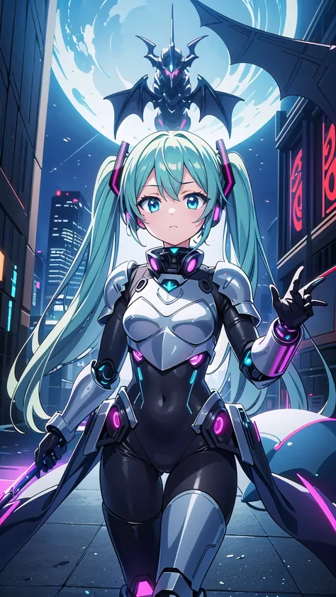    masterpiece   , top quality, 8K Hatsune Miku VOCALOID,  1 Woman ,   Cyberpunk ,((Mecha Girl)), ((dragon   Night Armor)),   Full Armor, (   Night Armor),   black tights, church,((knight Girl)), ((knight Armor Warrior)), ((Dragon Armor)), (  Cybernetic Le...