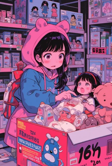   Cartoon of a Girl Unpacking a Toy Store Doll from the Box, The girl is surprised, Stuffed Toy Art  , teddy bear, Toy Machine  , Chill Hop,  album art,   Art Depicting Pop Horror  , サイケデリックヒップホップ album art ,   promotional art , Product Unpacking a Doll fr...