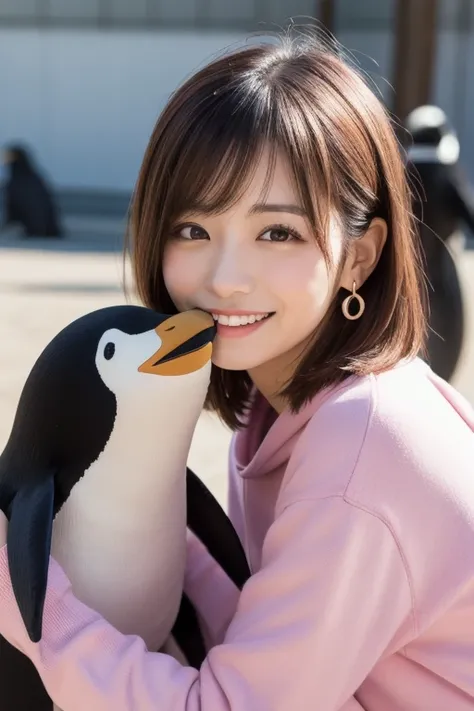  Inhaling Eyes , cute double ,  woman hugging her favorite stuffed animal at the Penguin Show, Adelie penguin, Inward-curling short hair, hairpin,  clothes chosen for a date , Talented , Kind personality,  woman who is very particular about the details ,  ...