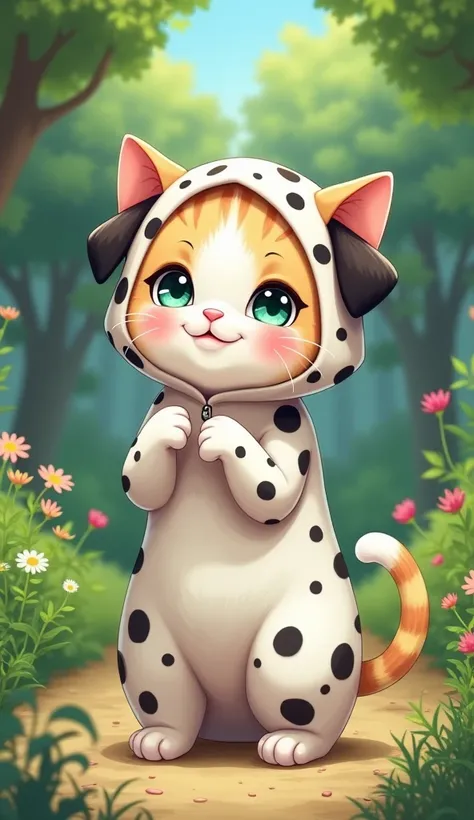 A cat in a Dalmatian costume is standing on its back legs,  cuteデジタル絵画 , cute detailed digital art, cute digital art, cute cat, anime visual of a cute cat, the cutest kitten ever, a cute cat, cute猫, very beautiful cute catgirl,  speckled super realistic , ...