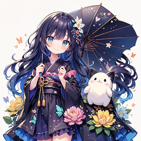 to you,] neon color、 top quality、 Highest Masterpiece、 super detailed、 dynamic best composition 、 simple background、Seven hair colors、 Smooth Straight Hair 、Goth Kimono、whole body、cute、Frills、fun、smile、Hurrah、 Cute and Unique Hairstyles、シアン neon colorパレット、...