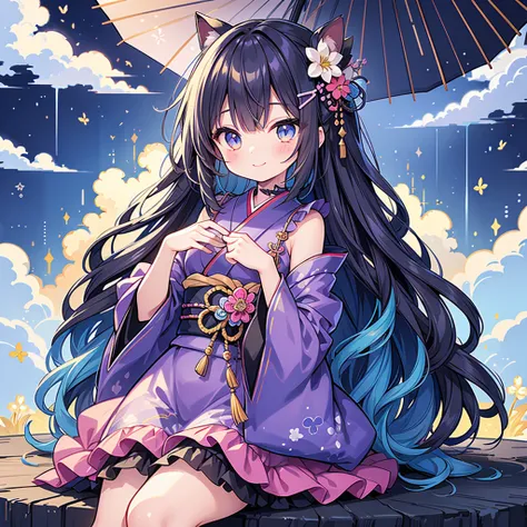 to you,] neon color、 top quality、 Highest Masterpiece、 super detailed、 dynamic best composition 、 simple background、Seven hair colors、 Smooth Straight Hair 、Goth Kimono、whole body、cute、Frills、fun、smile、Hurrah、 Cute and Unique Hairstyles、シアン neon colorパレット、...