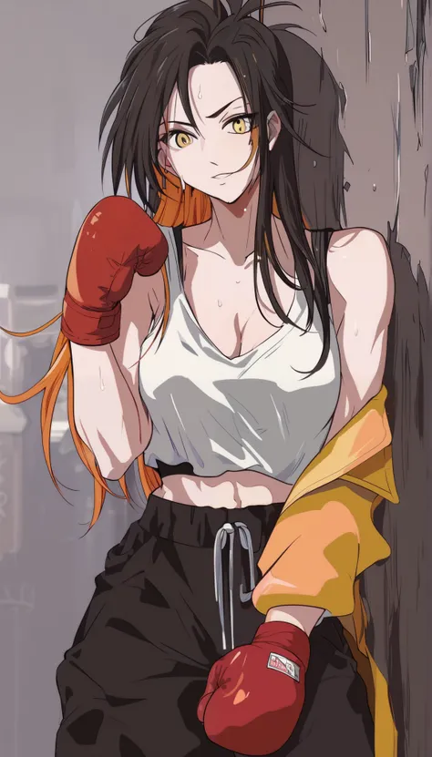 black hair,masterpiece,best quality,highres,ultra-detailed,aashizue,yellow eyes,long hair,cargo pants,(tank top:1.2), boxing gloves,cleavage,toned, sweating, (sleeveless:1.4),cowboy shot,