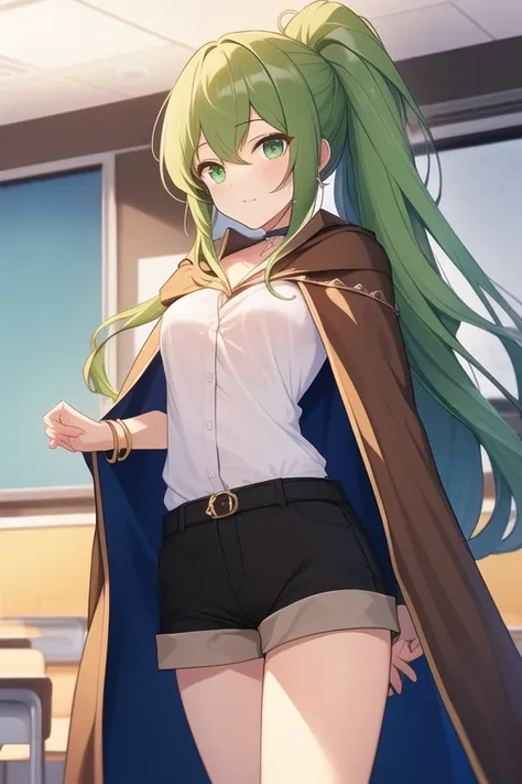 (( top quality)), ((  masterpiece  )), (  Details)
  Wind Spirit Master Win、green eyes、(((green long hair)))、ponytail、choker、((brown Cape))、Jewel、anklet、BLACK shorts、((White shirt))
slender
classroom