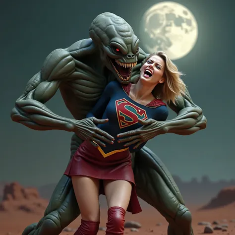 Melissa Benoist as Supergirl, Melissa Benoist is wearing a Supergirl costume as seen on TV, very bright white skin, Supergirl is defeated by a huge body fierce Alien Monster, It is standing in front of her, the Alien Monster carry her body tightly, can see...