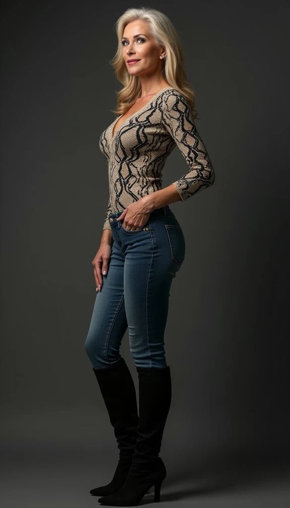  full body image, older woman, overkneeboots, enge jeans, crisp apple butt ,  Eger sweater with deep neckline, photographed from the side, Model haltung, snake pattern shirt