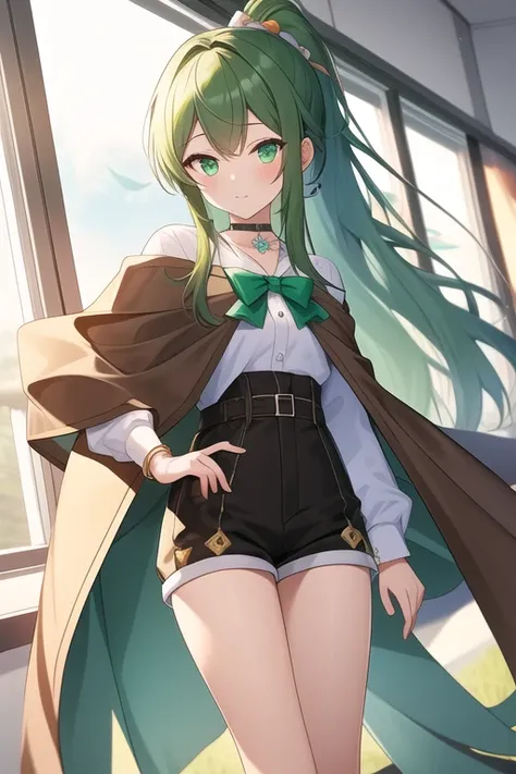 (( top quality)), ((  masterpiece  )), (  Details)
  Wind Spirit Master Win、green eyes、(((green long hair)))、ponytail、choker、((brown Cape))、Jewel、anklet、BLACK shorts、((White shirt))
slender
classroom