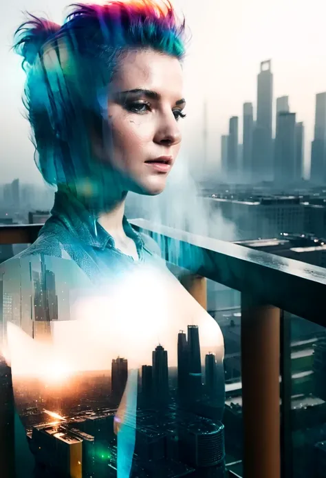 abstract colors, texture, film grain, skin pores:0.1 intricate dramatic portrait of a beautiful windblown scifi scientist standing on a balcony overlooking a futuristic (solarpunk)1.2 city, foggy morning, cinematic movie still frame, blade runner 2049, pun...