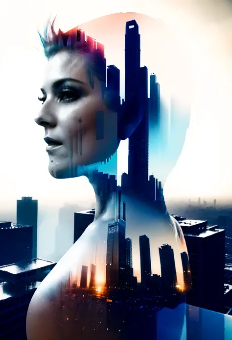 abstract colors, texture, film grain, skin pores:0.1 intricate dramatic portrait of a beautiful windblown scifi scientist standing on a balcony overlooking a futuristic (solarpunk)1.2 city, foggy morning, cinematic movie still frame, blade runner 2049, pun...