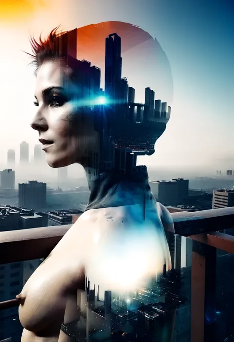 abstract colors, texture, film grain, skin pores:0.1 intricate dramatic portrait of a beautiful windblown scifi scientist standing on a balcony overlooking a futuristic (solarpunk)1.2 city, foggy morning, cinematic movie still frame, blade runner 2049, pun...