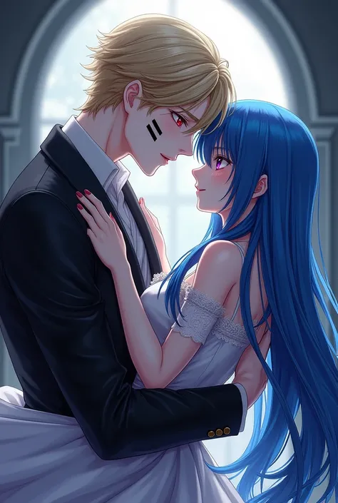   Fan art of a blonde vampire with red eyes and three black stripes on his cheek holding in his arms a girl with very long blue hair and purple eyes, 非常に長い青い髪と紫色の目をした少女を腕に抱いている ,  Anime version 