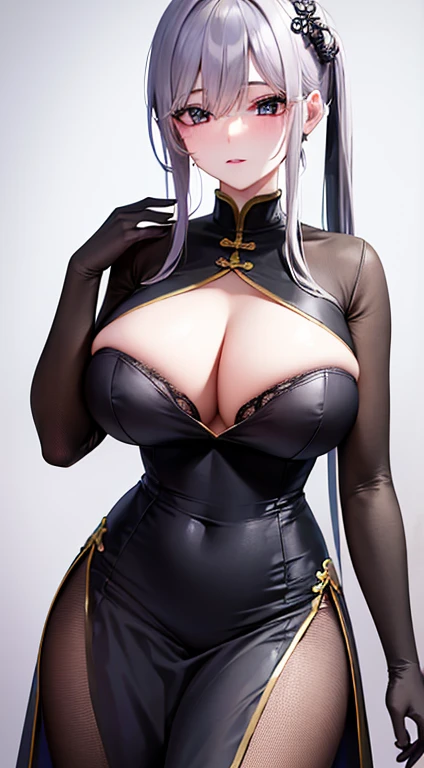 8k,  top quality,   masterpiece  :1.2,  super detailed, Grey Hair、  Chinese Dress 、very, very big breasts、 very large breasts、Provocative clothing、 No Eye Gloss 、very大きなお尻