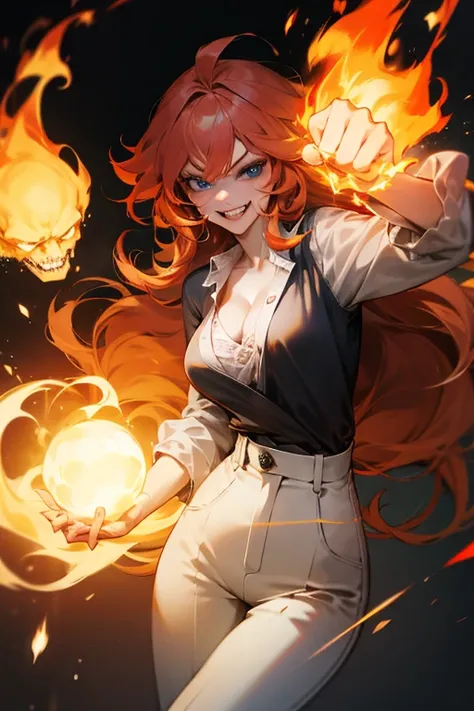 Mereoleona orange hair、Hanging eyes、bangs、 winks、long hair,  cowlick at the top of the head 、Big Breasts ,  cleavage 、blue eyes, Thighs、look,  get angry　、White blouse ,pants,Anatomically Correct  grin 、she haves fang, Punch on the screen　Flame Punch　 
Punc...