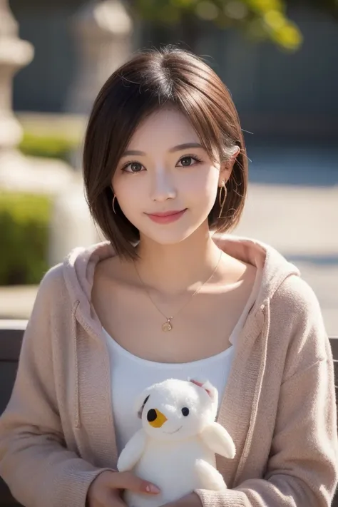  Inhaling Eyes , cute double , A woman hugs her favorite stuffed animal at the penguin show, Baby Penguin, Inward-curling short hair, hairpin,  clothes chosen for a date , Talented , Kind personality,  woman who is very particular about the details ,  deta...