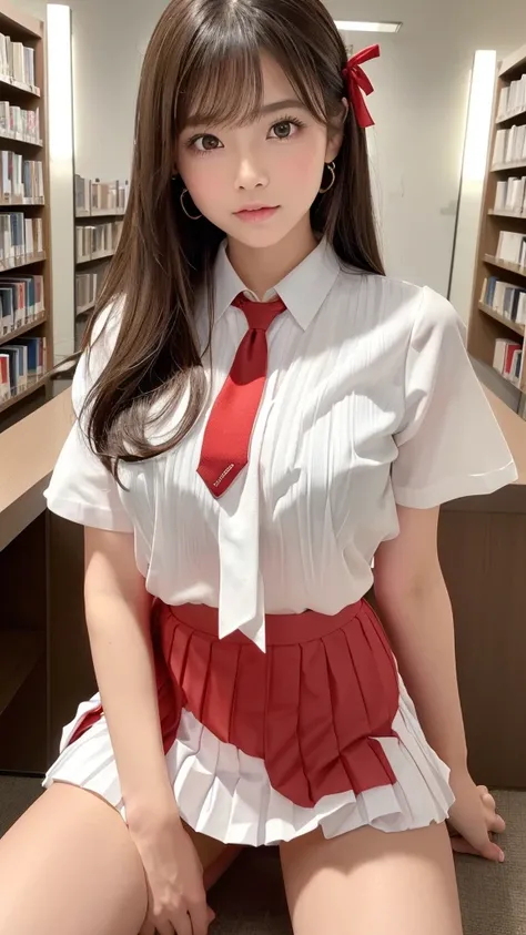 Product quality,  1 girl, (6.Five Heads),  Cowboy Shots  ,(Thigh Emphasis:1.4),(   young and beautiful Japanese women  , COMPLETE ANATOMY ),(  Libraries  :1.4),with chest and knees   ,  Little Smiles  ,((White uniform sailor suit)),((    Red Ribbon Tie:1.3...