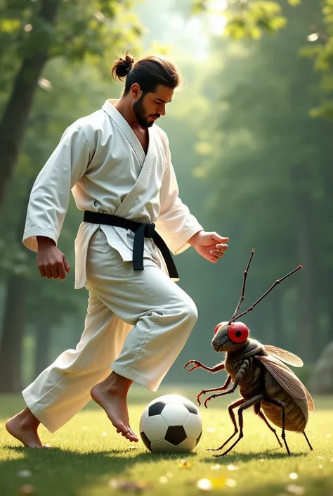 Draw a karateka and muscular flea, kicking a ball. 
