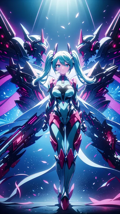   masterpiece  , Hatsune Miku VOCALOID, ((Mecha Girl)),   twin tails,   Light Blue Eyes,  light blue hair,   Bodysuit   ,  Im wearing Gundam armor , ((  Angel Wings )), Im wearing Gundam armor  ((Mecha Girl)), ((  Cyberpunk )),   high heels,   ultimate phy...