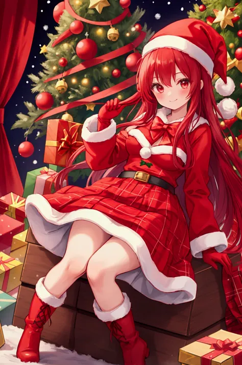  girl、smile、Santa hat、Red gloves、 long dress 、red and green plaid、 One Piece Dress、 Long Skirt、 boots、 Christmas tree