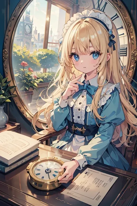 (8k, highest quality, Tabletop:1.2)、Ultra-high resolution、 girl, Detailed face、blue eyes, blonde, Long Hair, Alice in Wonderland, Big Clock、Large mirror