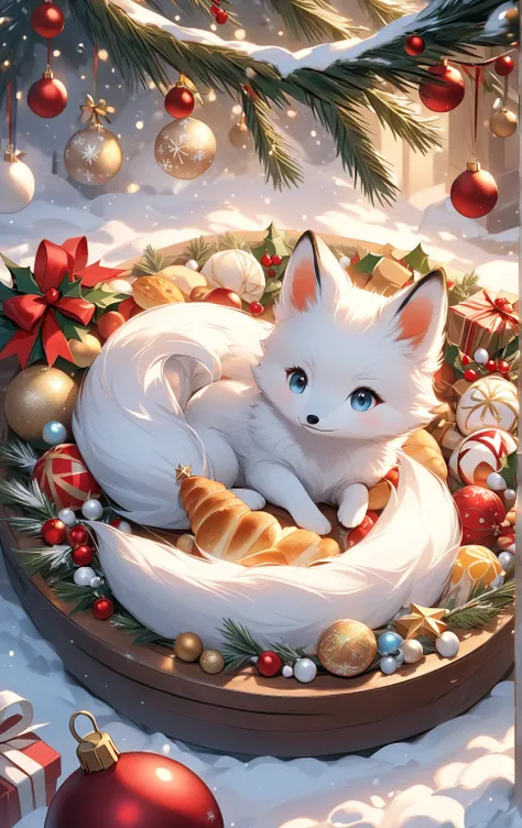    masterpiece， top quality，  high definition  ，8ｋ，  christmas illustration ，Christmas Winter Scenery ，Christmas food ， white baby fox ，cute,