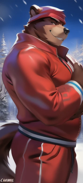 Solo,big man​, huge​ body​,​standing​, snow ,bear , red Tracksuit soldier , overweight, muscular,Smirking evil ,yandere, by chunie