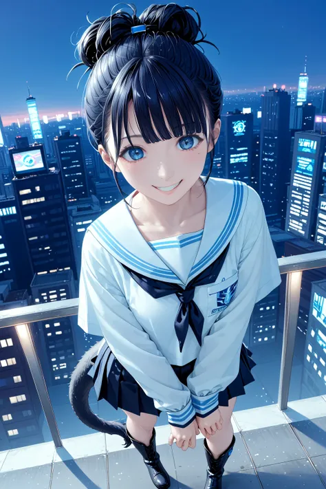    On a bright neon night in a futuristic city  、  A strong-willed high school girl in a summer sailor suit is standing on the roof of a skyscraper  。 has a big shiny katana on her left hand , 、  Her sword reflects the citys colorful lights  。  high-rise h...