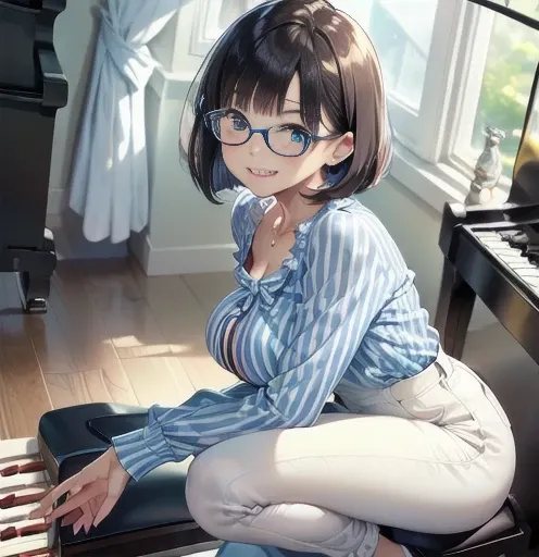 (((Music Room)))(( Crouch beside the piano　 :1.5)))、    MatureMature 、 top quality、超   is high resolution  、   is high resolution  、Fine CG、8k wallpaper、Age 30、 beautiful thin hanging eyes、   wearing black-rimmed glasses  、(( Shoulder to Shoulder Straight ...