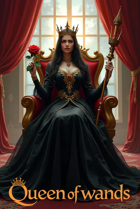  A queen seated on her throne ,  behind her there is a huge window with a red velvet curtain. On the queens head ,  she has a lush crown ,  the queen has long black hair .  The queen wears long, black dresses with gold ornaments .  On one of her hands she ...