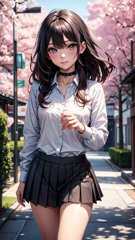 (( best quality )), (( masterpiece )), (Detailed), ( Black pleated skirt for students ,  dynamic lighting , movie lighting), 動漫wind格, Cute Japanese girl, (( upward view)),  looking at the viewer ,  wind ,  perfect body structure ,  White collar shirt with ...