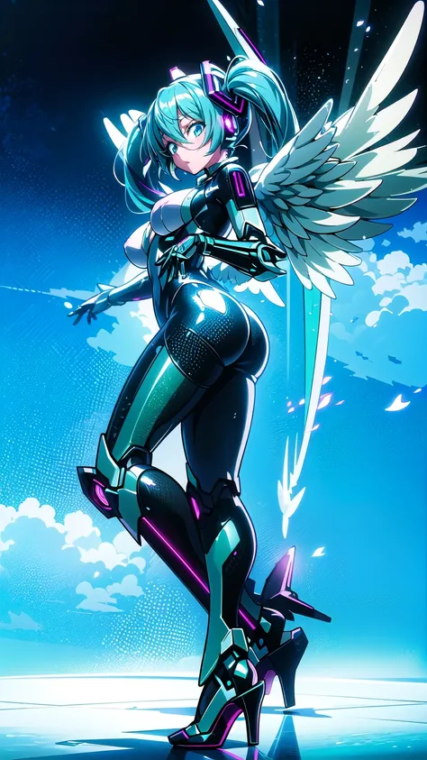  masterpiece  , Hatsune Miku VOCALOID, ((Mecha Girl)),  twin tails,  Light Blue Eyes,  light blue hair,  Bodysuit  , Im wearing Gundam armor , ((  Angel Wings )), Im wearing Gundam armor ((Mecha Girl)), ((  Cyberpunk )),  high heels,  ultimate physical bea...