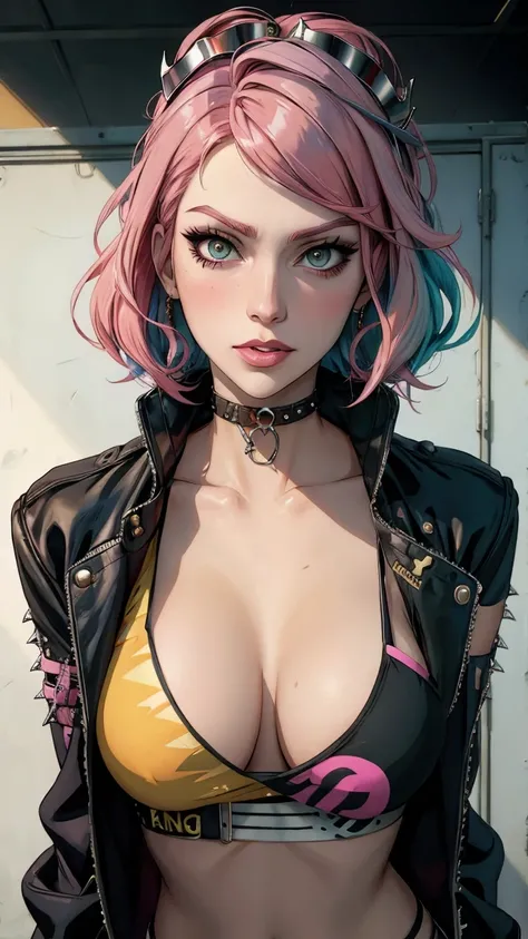 araffe girl with pink hair and a crown on her head, dressed in punk clothing, dressed in crustpunk clothing, anime girl cosplay, cybergoth, wearing a punk outfit, kerli koiv as anime girl, 1 7 - **** - *** anime goth girl, belle delphine, anime cosplay, wi...