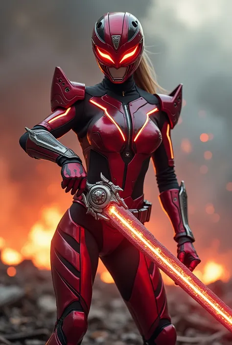 **Prompt para imagem:**  

 Create an ultra-realistic scene of a Power Ranger inspired by the theme of War .  She wears a high-performance technological womens costume in the colors blood red, burgundy and crimson ,  with metallic finishes that reflect lig...