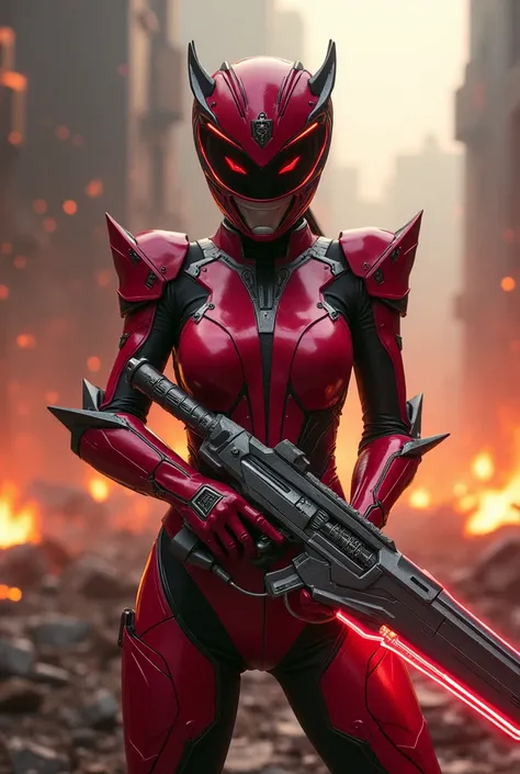 **Prompt para imagem:**  

 Create an ultra-realistic scene of a Power Ranger inspired by the theme of War .  She wears a high-performance technological womens costume in the colors blood red, burgundy and crimson ,  with metallic finishes that reflect lig...