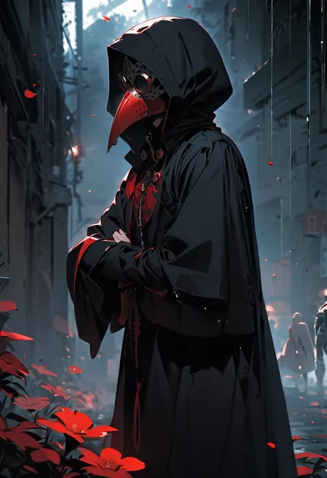 ((Best Quality)), ((masterpiece)), (detailed), plague doctor, eyes shining, He stands erect, looking down (at the girl) in an attitude of observation, It is a rainy scene with visible raindrops, reinforcing a melancholic and dark atmosphere, There are more...