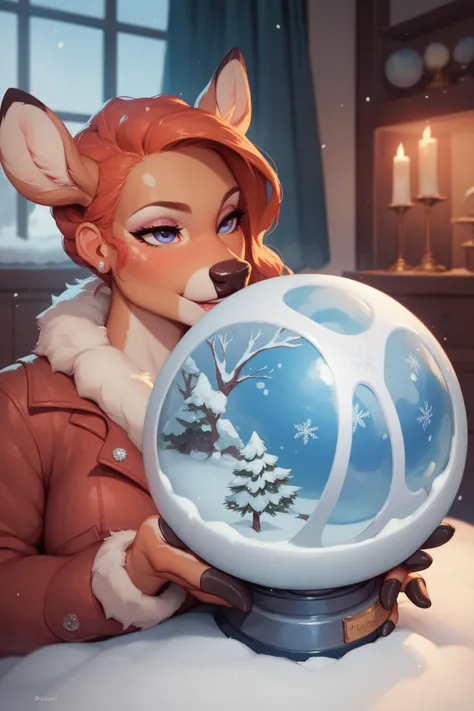 ((illustration of a snow globe)), inside the snow globe is a sexy woman being forcefully transformed into a female deer