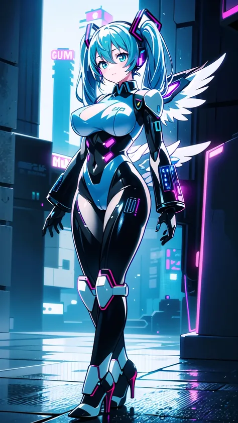  masterpiece  , Hatsune Miku VOCALOID, ((Mecha Girl)),  twin tails,  Light Blue Eyes,  light blue hair,  Bodysuit  , Im wearing Gundam armor , ((  Angel Wings )), Im wearing Gundam armor ((Mecha Girl)), ((  Cyberpunk )),  high heels,  ultimate physical bea...