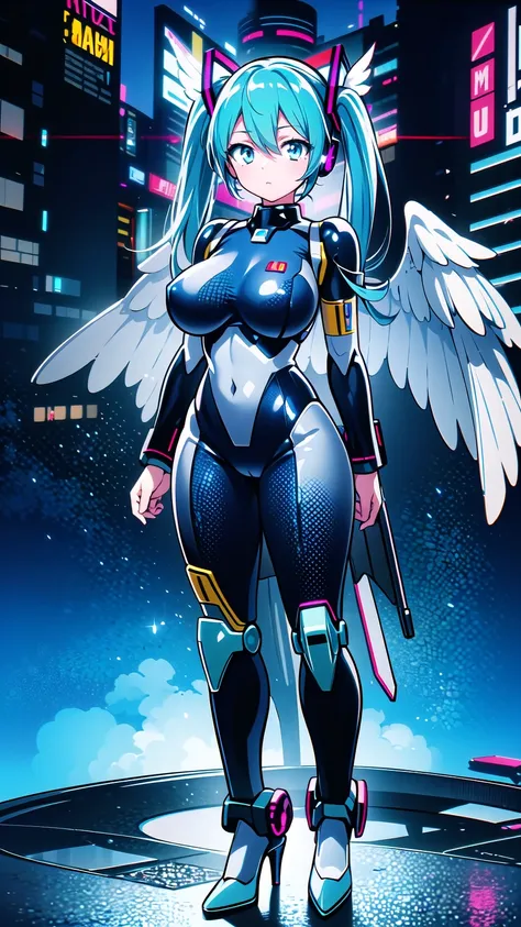  masterpiece  , Hatsune Miku VOCALOID, ((Mecha Girl)),  twin tails,  Light Blue Eyes,  light blue hair,  Bodysuit  , Im wearing Gundam armor , ((  Angel Wings )), Im wearing Gundam armor ((Mecha Girl)), ((  Cyberpunk )),  high heels,  ultimate physical bea...