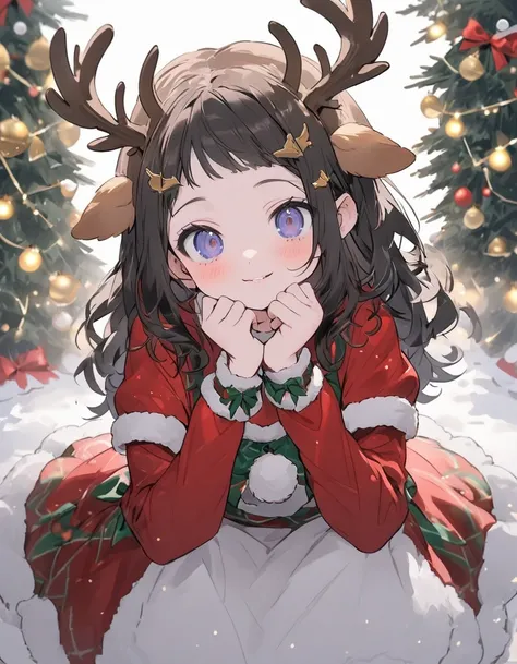  masterpiece、1 female, Cute Hairstyle ,  Cool Look, Wear a Christmas dress、whole body, ,  faces forward, (( Elk Headpiece )),  Christmas Tree Background 、Christmas Light Bulb 