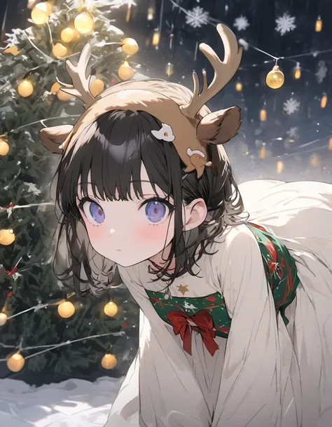  masterpiece、1 female, Cute Hairstyle ,  Cool Look, Wear a Christmas dress、whole body, ,  faces forward, (( Elk Headpiece )),  Christmas Tree Background 、Christmas Light Bulb 