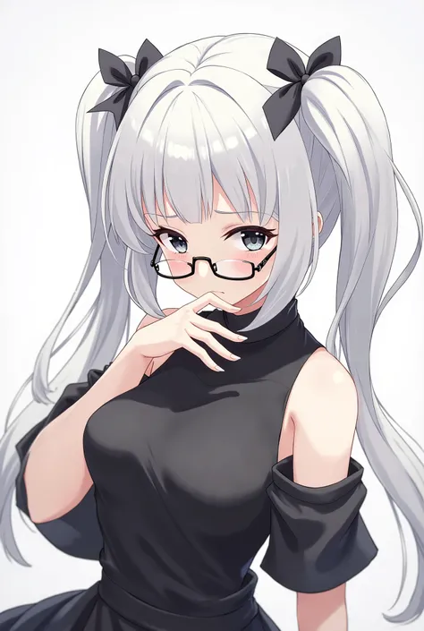  An anime-style character , White hair tied on both sides,  two short Maria s , with small black ribbon on the head , black eyes,  along with visible eyelashes , a straight eyeglass  ,  an outfit that falls on a black shoulder along with a small black skir...