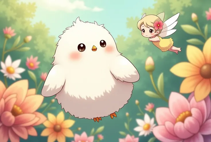 Masterpiece,Best quality, Anime style, pure white sparrow mascot, round body, fluffy body, simple face, cute appearance,(flying with flower fairy, cute fairy,flower garden,)