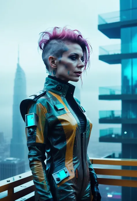 abstract colors, texture, film grain, skin pores:0.1 intricate dramatic portrait of a beautiful windblown scifi scientist standing on a balcony overlooking a futuristic (solarpunk)1.2 city, foggy morning, cinematic movie still frame, blade runner 2049, pun...