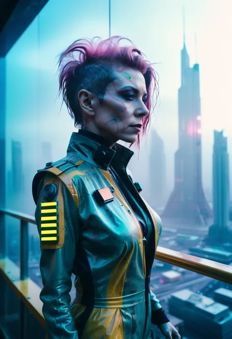 abstract colors, texture, film grain, skin pores:0.1 intricate dramatic portrait of a beautiful windblown scifi scientist standing on a balcony overlooking a futuristic (solarpunk)1.2 city, foggy morning, cinematic movie still frame, blade runner 2049, pun...