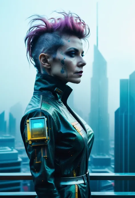 abstract colors, texture, film grain, skin pores:0.1 intricate dramatic portrait of a beautiful windblown scifi scientist standing on a balcony overlooking a futuristic (solarpunk)1.2 city, foggy morning, cinematic movie still frame, blade runner 2049, pun...