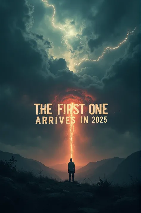  Create a dramatic movie-like poster, without characters with the phrase : The first one arrives in 2025 