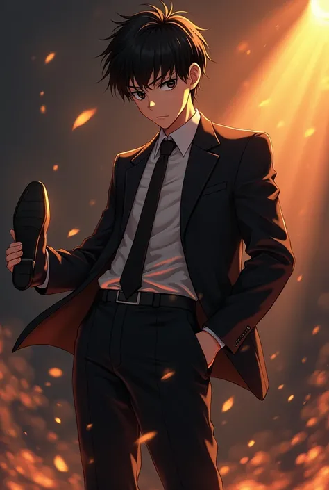 TcolonolonolonolonolonolonolonolonolonolonolonolonolonolonolaT The 10 Feet Tall short black Haired Anime Boy with black eyes wearing a black suit and black dress shoes a black tie,firekicking,shoe sole pressed against the viewer,Angry expressionless look o...