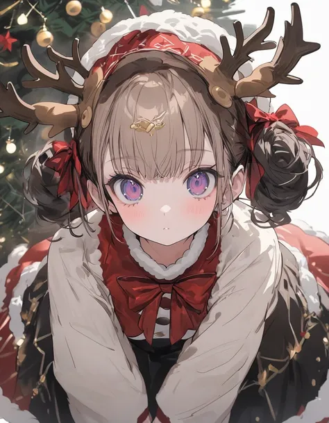  masterpiece、1 female, Cute Hairstyle ,  Cool Look, Christmas costume 、whole body, ,  faces forward, (( Elk Headpiece )),  Christmas Tree Background 、Christmas Light Bulb 