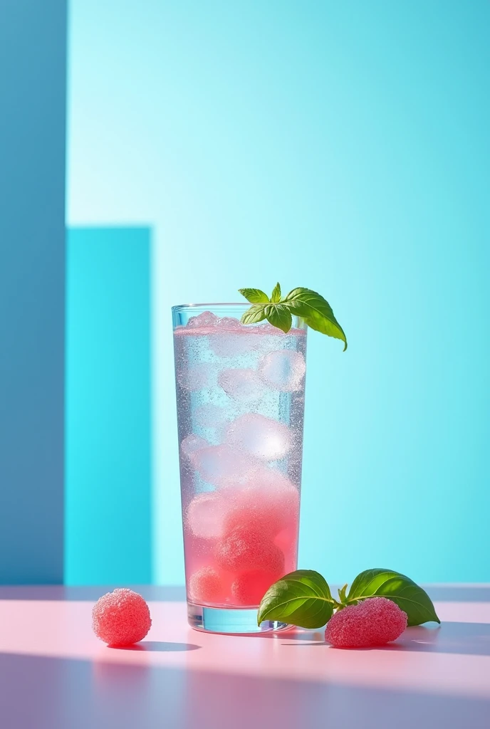 give the image with a 250 ml glass soda water containing nutrijell pink lime gummy as well as basil and a mixture of blue hues at the top