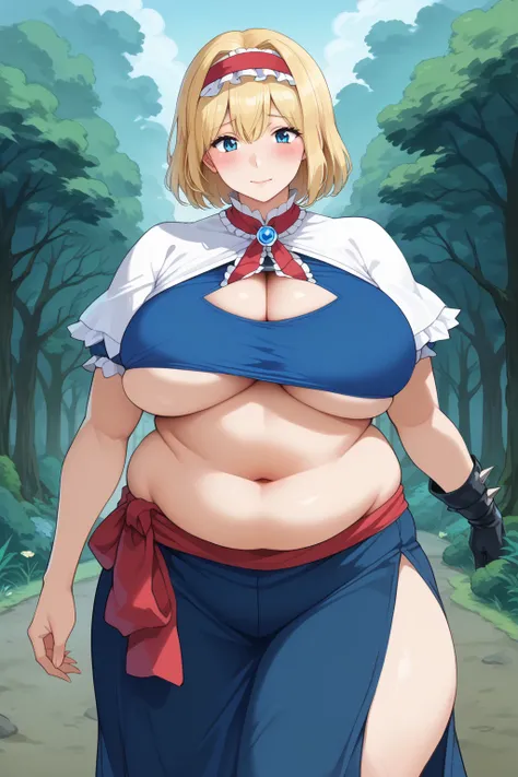  Alice Margatroyd, alice margatroid,  medium hair up to buttocks,  blonde hair ,  blue eyes, ,Red Hairband, , Frilled Headband , Red waist wrap with white frills ,　 Blue Dress ,
 white capelets ,  Blue Dress ,  Blue Long Skirt ,  score_9,   score_8_up,   s...